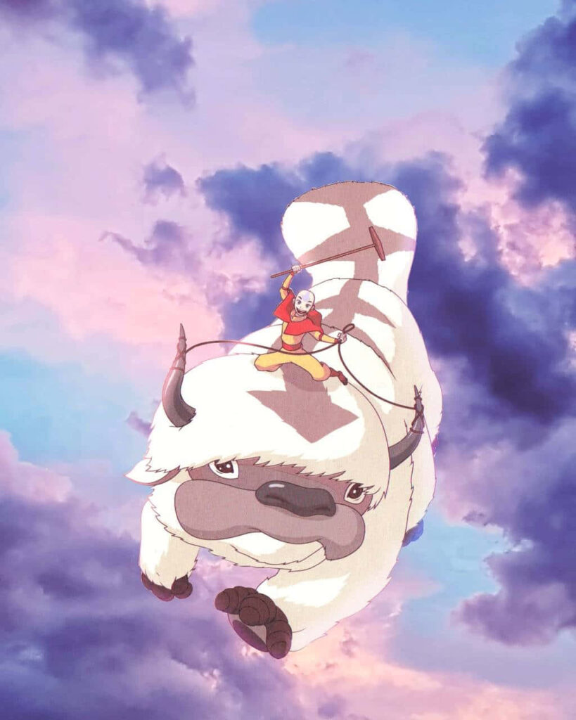 Aang flying on Appa through pastel sky vibrant adventure scene Avatar The Last Airbender wallpaper
