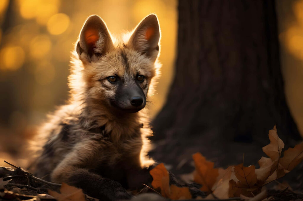 Serene Aardwolf Wallpaper: Golden Autumn Light & Forest Leaves