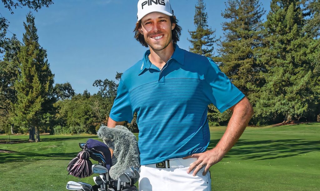 Aaron Baddeley confident on golf course showcasing rising golf talent with scenic wallpaper background