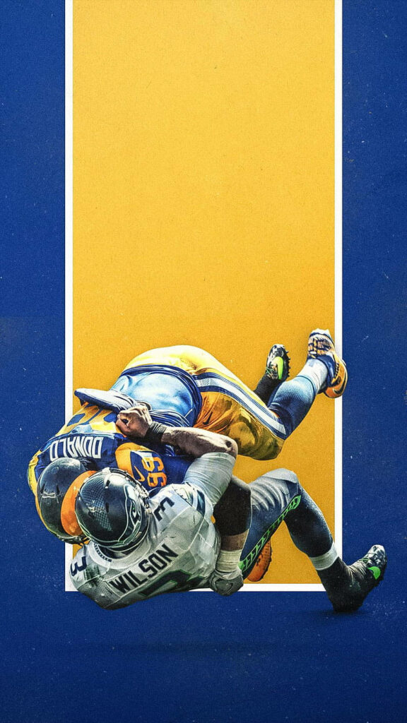 Aaron Donald aggressive tackle against opponent intense NFL Super Bowl moment blue yellow background Wallpaper