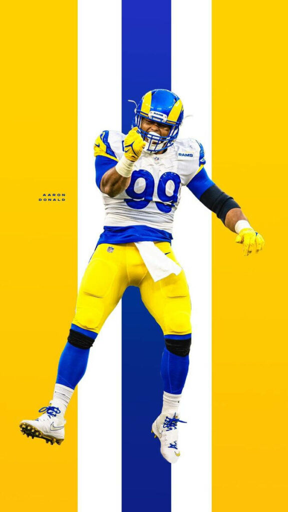 Aaron Donald Los Angeles Rams blue yellow jersey celebrating vibrant striped wallpaper background