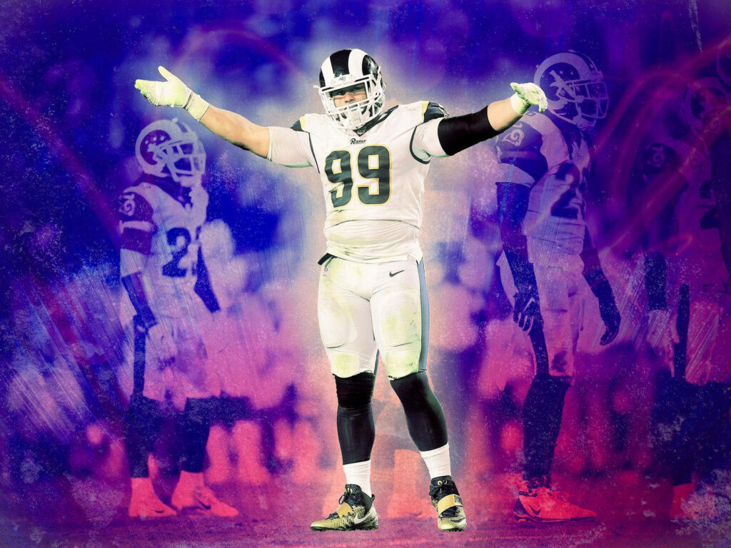 Aaron Donald Los Angeles Rams digital painting wallpaper purple blue background triumphant pose