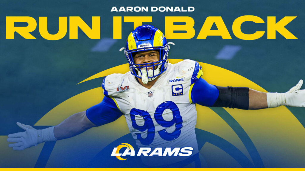 Aaron Donald in Los Angeles Rams uniform with Run It Back text Madden 99 Club wallpaper