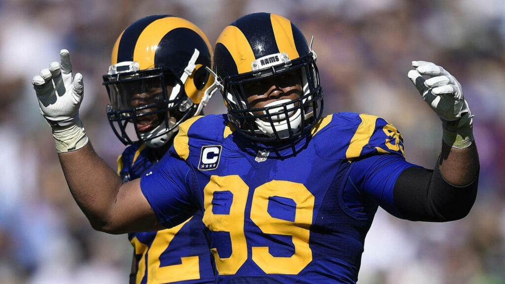 Aaron Donald Los Angeles Rams celebrating NFL Defensive Player of the Year wallpaper background