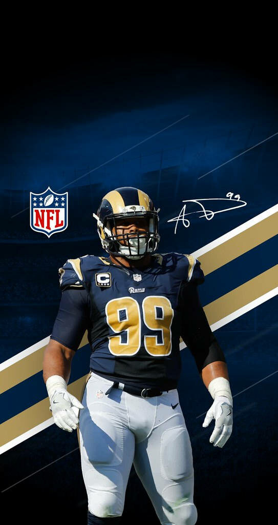 Aaron Donald Los Angeles Rams NFL uniform autograph blue gold background dynamic wallpaper