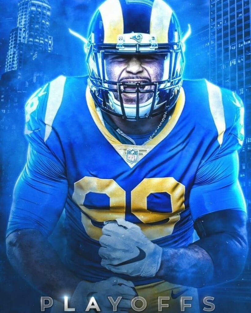 Aaron Donald NFL Playoffs poster in bold blue uniform with dynamic city background wallpaper
