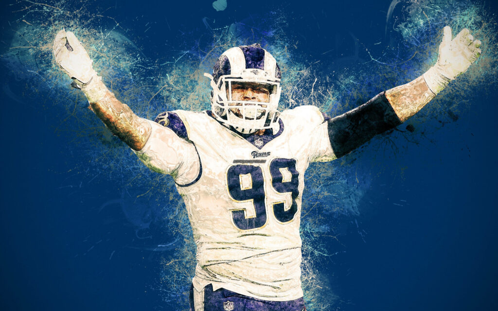 Aaron Donald white jersey digital painting wallpaper celebrating in bold blue background