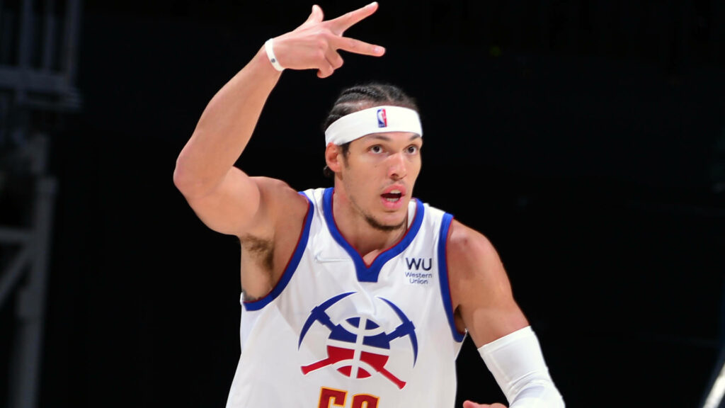 Aaron Gordon Denver Nuggets intense gameplay NBA wallpaper dynamic basketball action pose