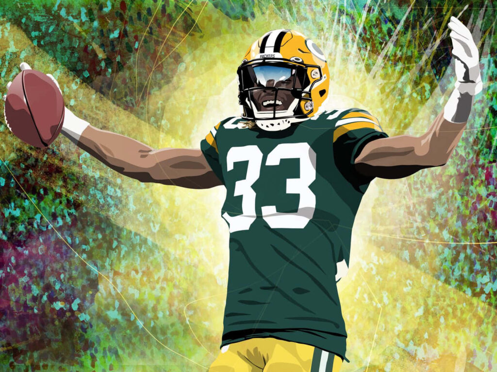 Green Bay Packers running back Aaron Jones celebrating with arms outstretched on vibrant background Wallpaper