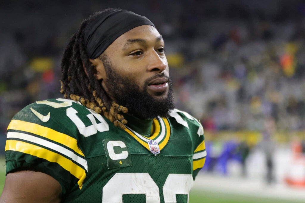 Aaron Jones Green Bay Packers uniform game ready NFL running back wallpaper background
