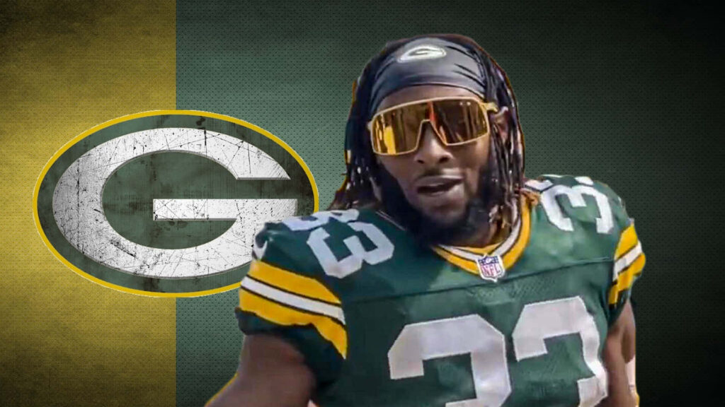 Aaron Jones Green Bay Packers wallpaper NFL running back with textured background and team logo