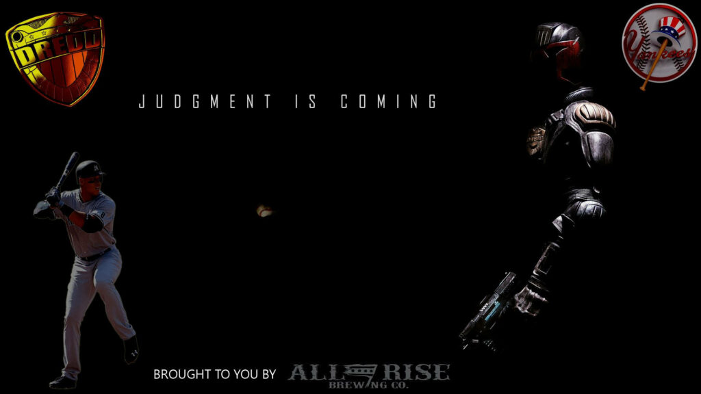 Aaron Judge All Rise wallpaper with batter and futuristic armor on black background with logos