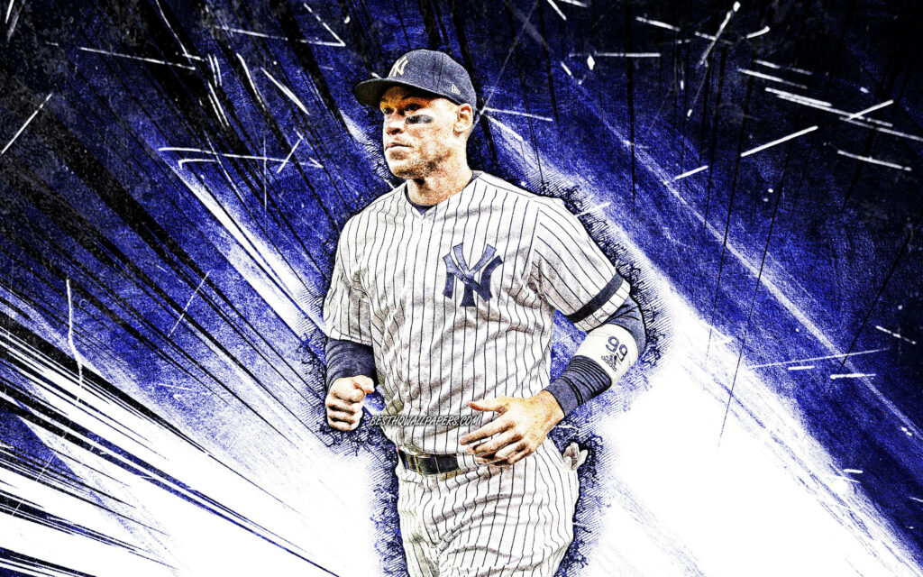 Aaron Judge in New York Yankees uniform with dynamic white and blue abstract background wallpaper