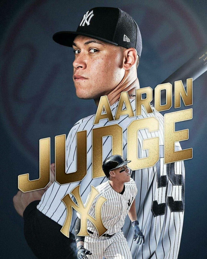 Aaron Judge in New York Yankees uniform with bold gold text dynamic baseball action wallpaper