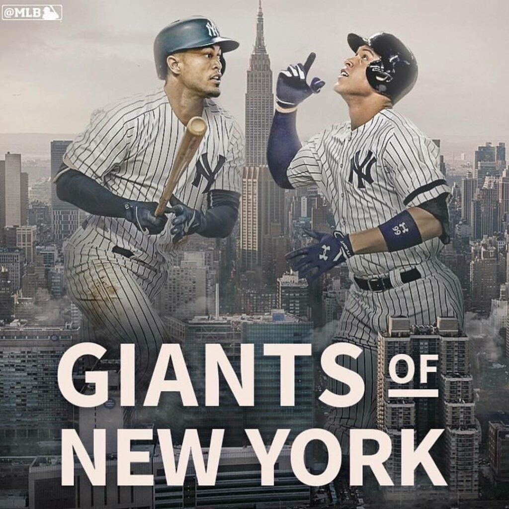 Aaron Judge in New York Yankees uniform with city skyline background baseball power wallpaper