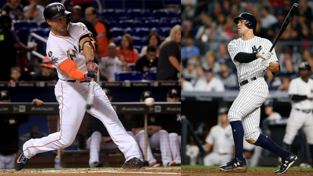 Aaron Judge powerful batting stance mid-swing dynamic baseball wallpaper background image