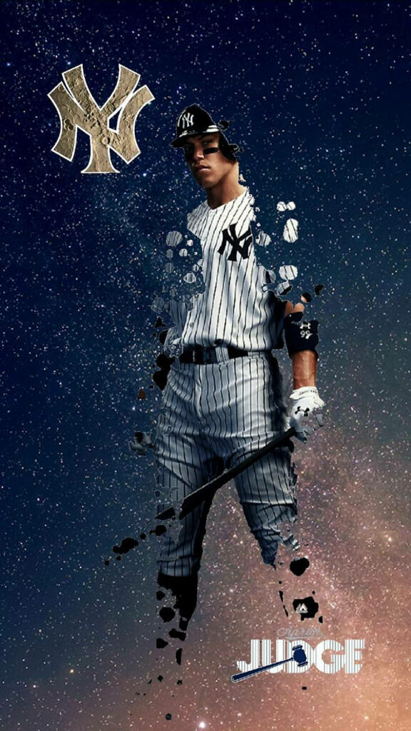 Aaron Judge in New York Yankees uniform dissolving into cosmic particles galaxy wallpaper background