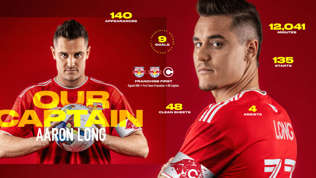 Aaron Long New York Red Bulls captain wallpaper with key stats appearances clean sheets goals