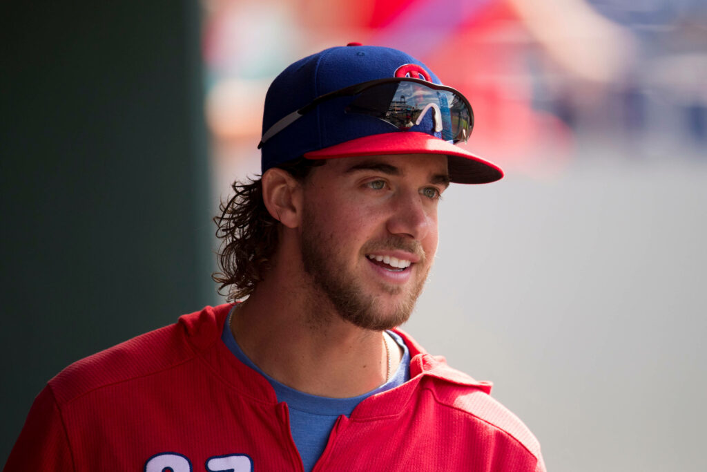 Aaron Nola smiling in Phillies uniform candid baseball pitcher wallpaper background image