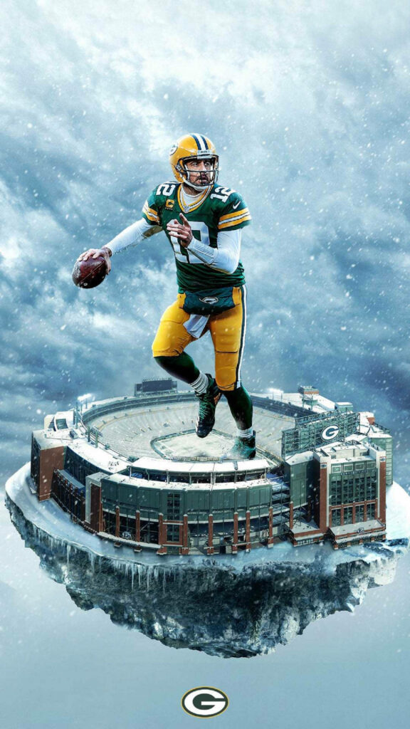 Aaron Rodgers in action above floating Lambeau Field Green Bay Packers iconic stadium wallpaper