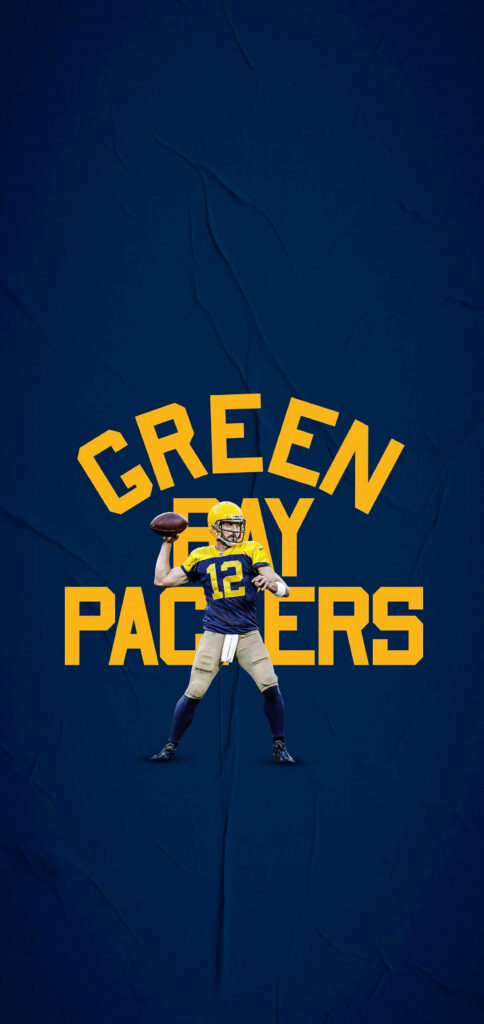 Aaron Rodgers in classic Green Bay Packers uniform throwing football on blue background with team name Wallpaper