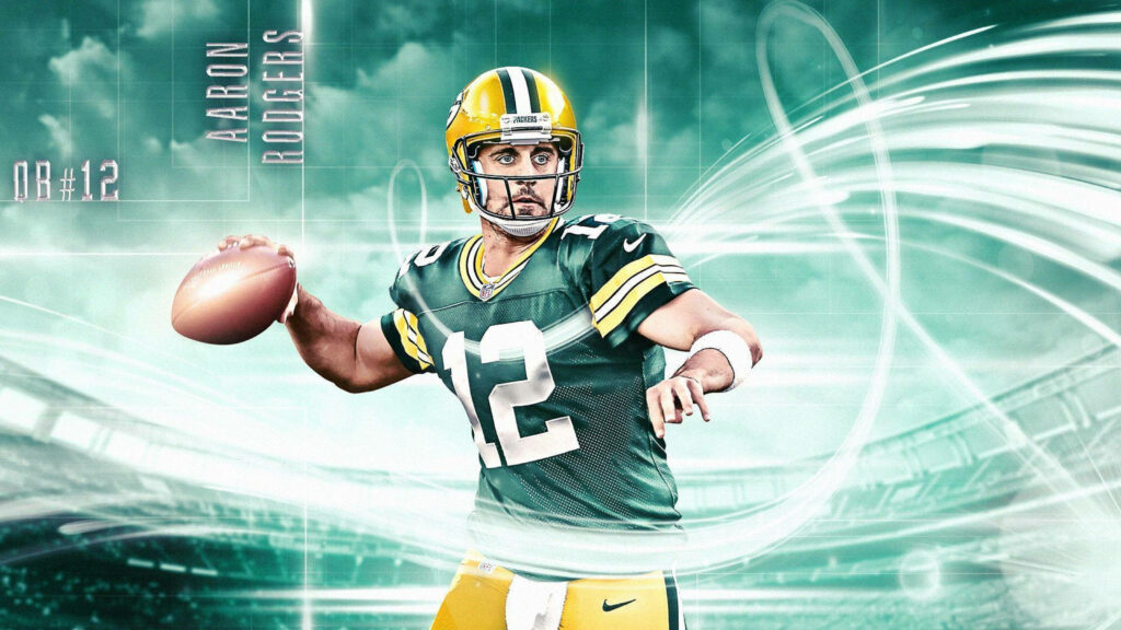 Aaron Rodgers Green Bay Packers throwing pass futuristic stadium dynamic art wallpaper