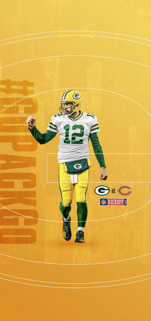 Aaron Rodgers in Green Bay Packers uniform celebrates 2019 NFL kickoff versus Chicago Bears wallpaper