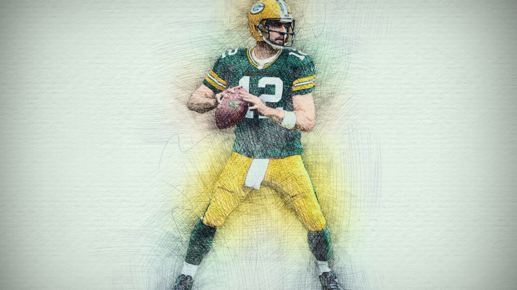 Aaron Rodgers Green Bay Packers quarterback sketch poised to throw football wallpaper background
