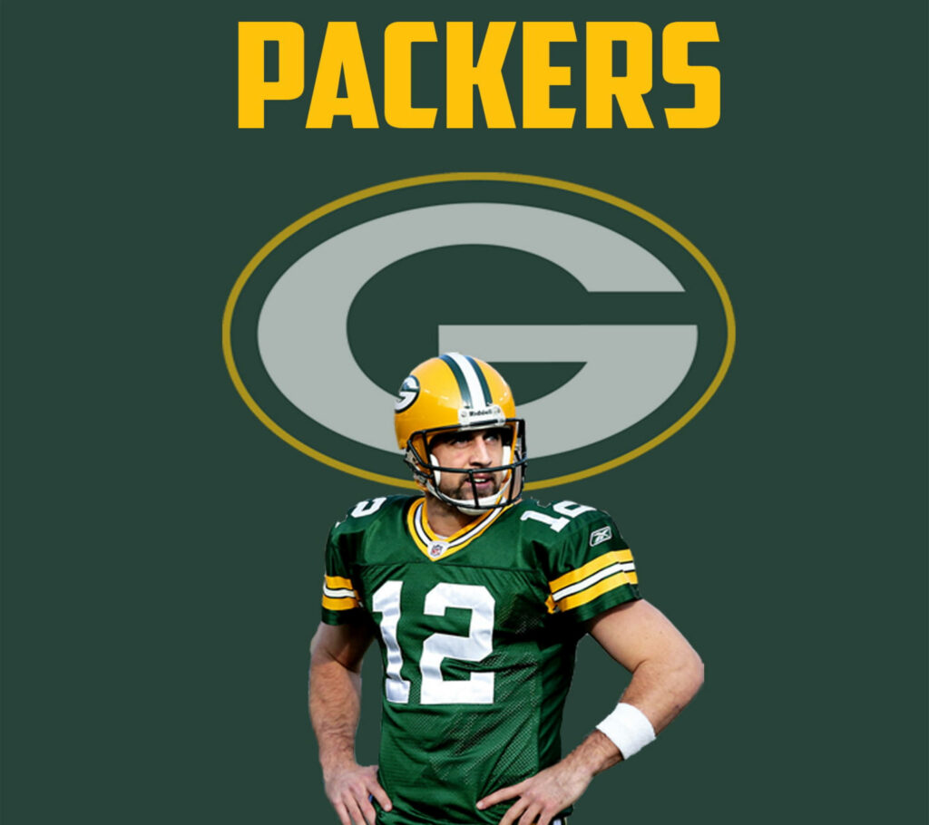 Aaron Rodgers in Green Bay Packers uniform with Packers logo background wallpaper image