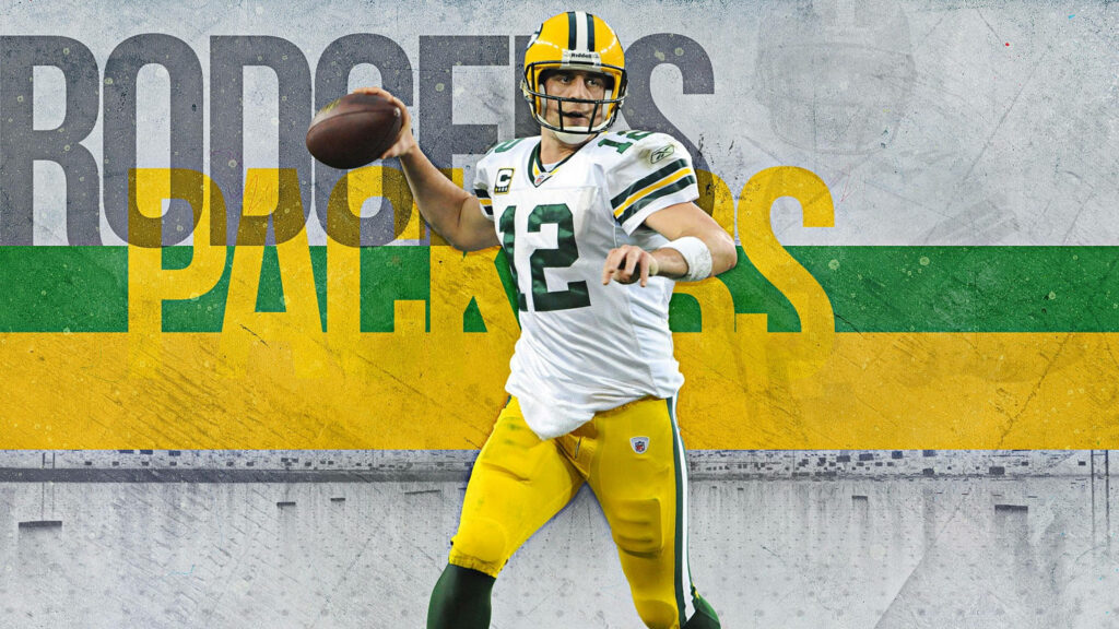 Aaron Rodgers mid-throw in Green Bay Packers uniform with vibrant green and gold background Wallpaper