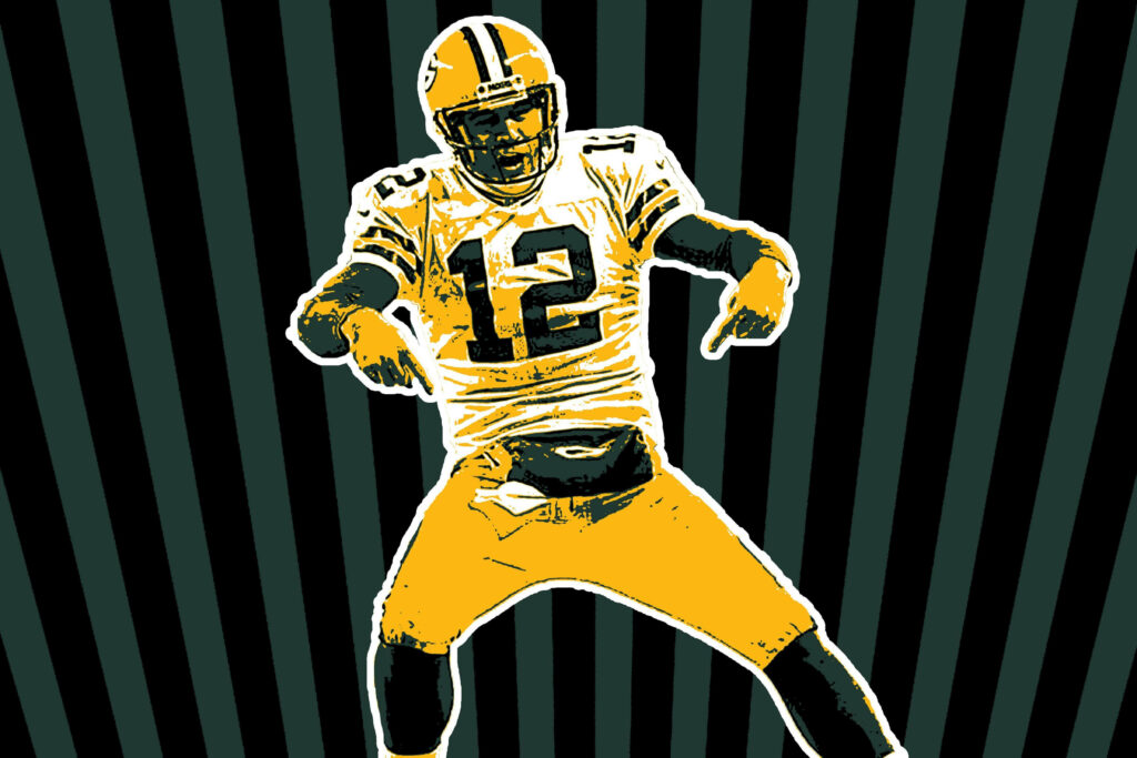 Retro style wallpaper of Aaron Rodgers in Green Bay Packers uniform with bold striped background
