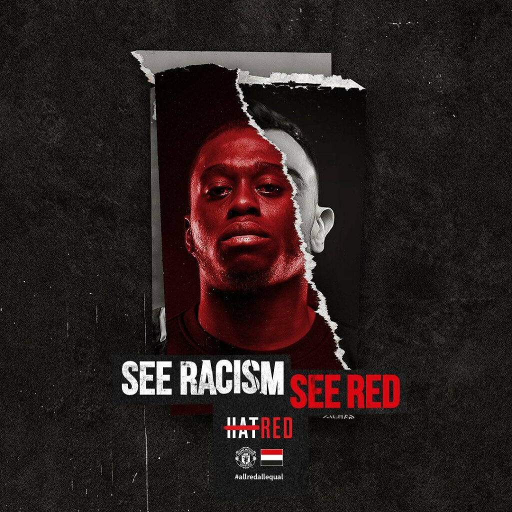 Aaron Wan-Bissaka wallpaper with See Racism See Red antiracism message in bold red black tones