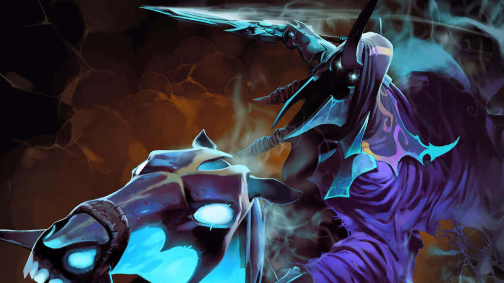 Clashing Shadows: Majestic Abaddon and his Enchanted Stallion Gallantly Gallop Across a Menacing Twilight Wallpaper