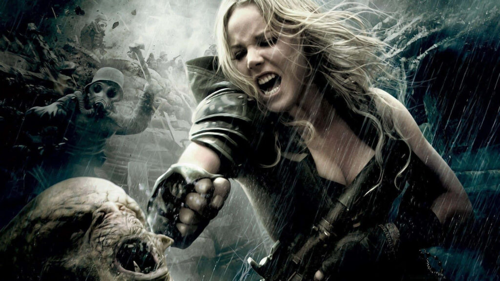Abbie Cornish fiercely battling monstrous creature in intense rain soaked action scene wallpaper background