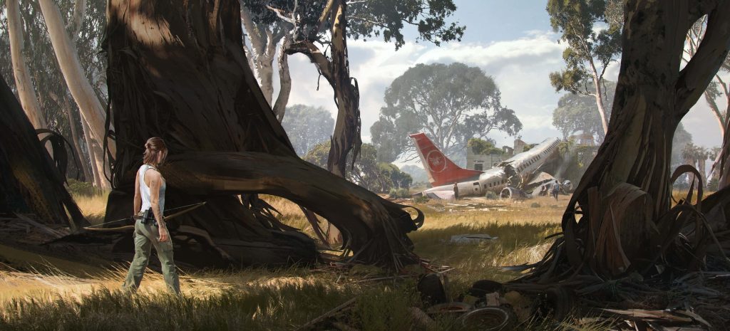 Abby with bow in post-apocalyptic forest near crashed airplane in The Last of Us Part II art Wallpaper