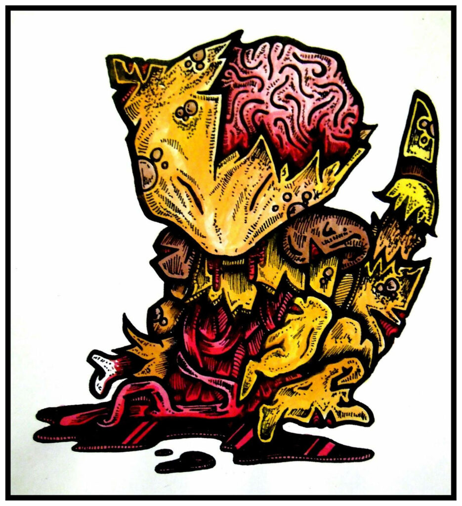Abra Pokémon wallpaper showing intense wounded Abra with exposed brain vivid colors background