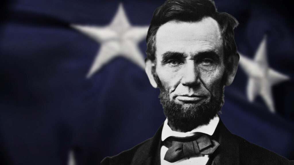 Abraham Lincoln portrait with blue starry flag background historic US president wallpaper