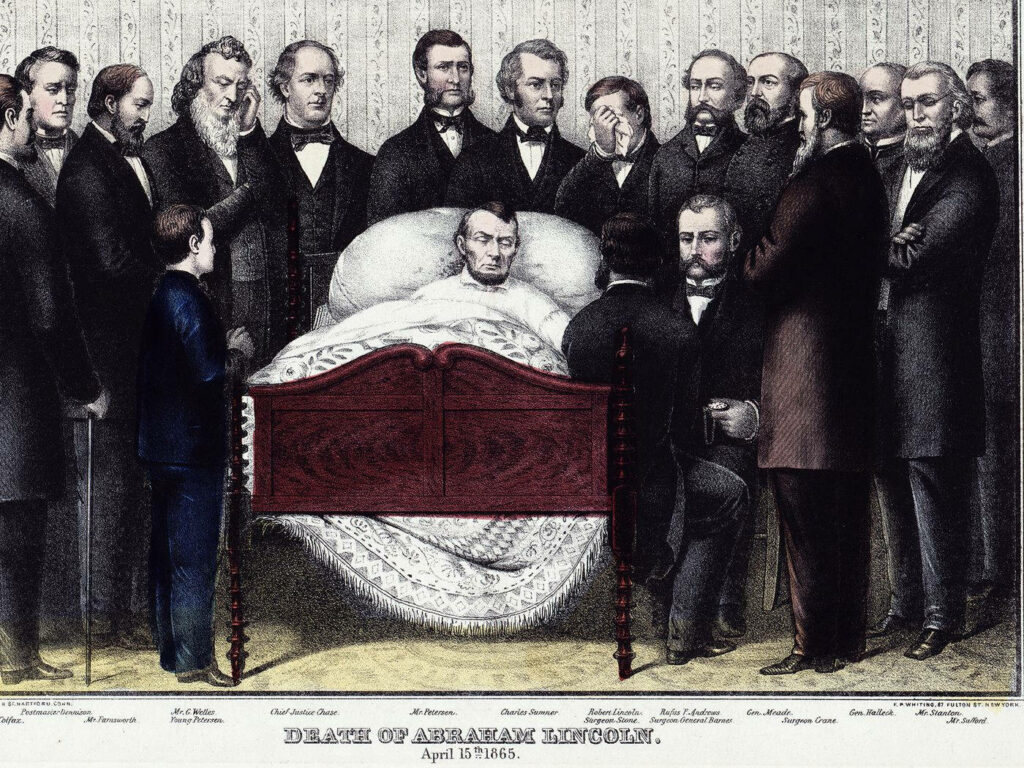 Historical wallpaper showing Abraham Lincoln on his deathbed with mourners in a somber scene