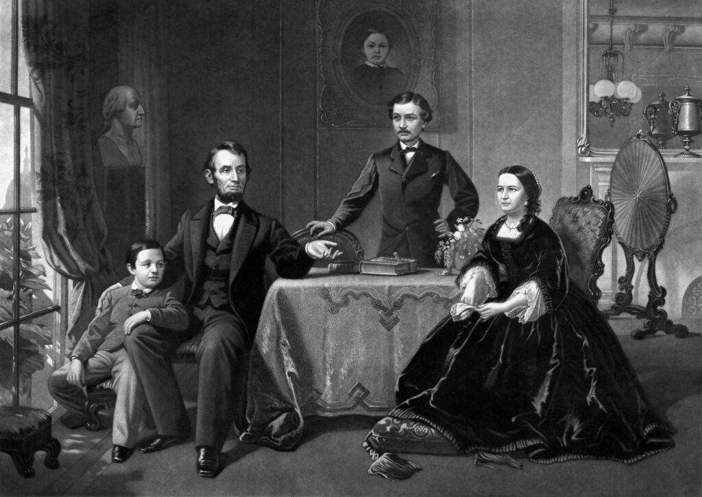 Abraham Lincoln seated with family in historic room with antique decor and vintage portrait wallpaper