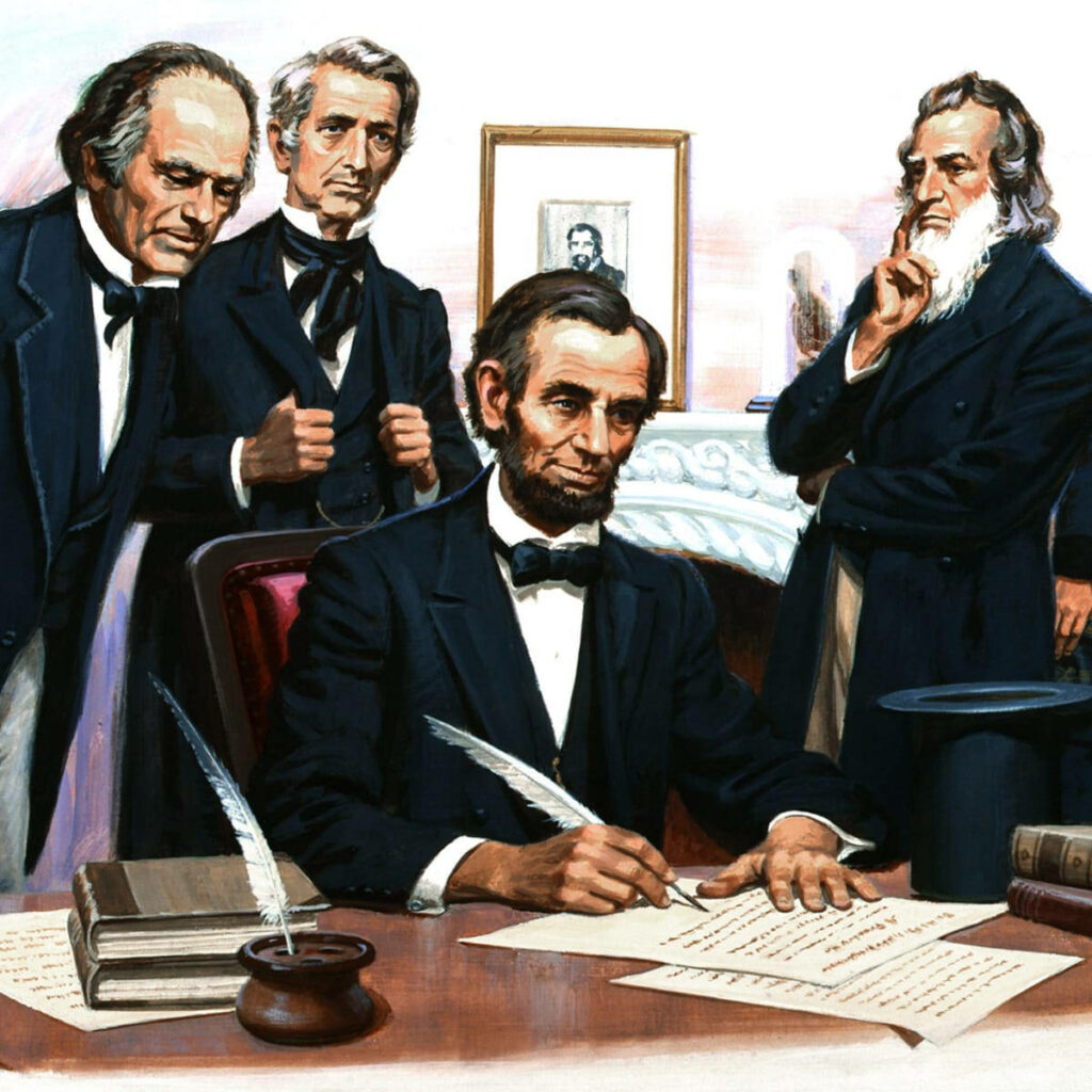 Abraham Lincoln signing Emancipation Proclamation with advisors in historic elegant setting wallpaper