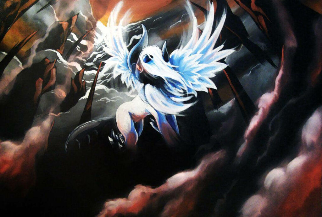 Absol Pokémon with majestic wings descends over dark cliffs and swirling clouds illuminated above Wallpaper