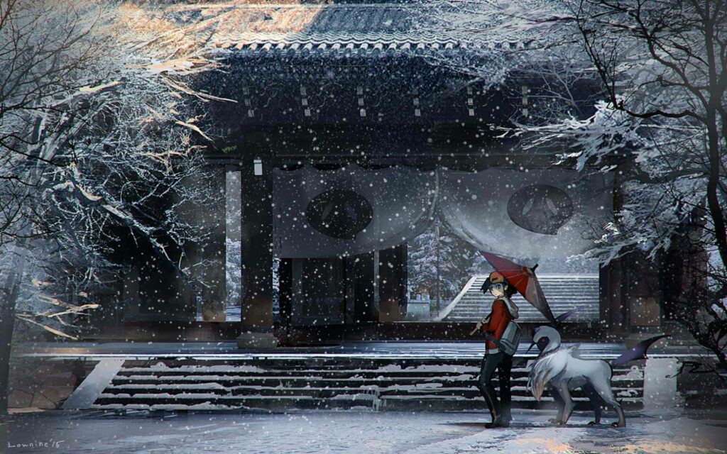 Absol with trainer holding red umbrella outside snowy traditional temple winter Pokémon scene Wallpaper