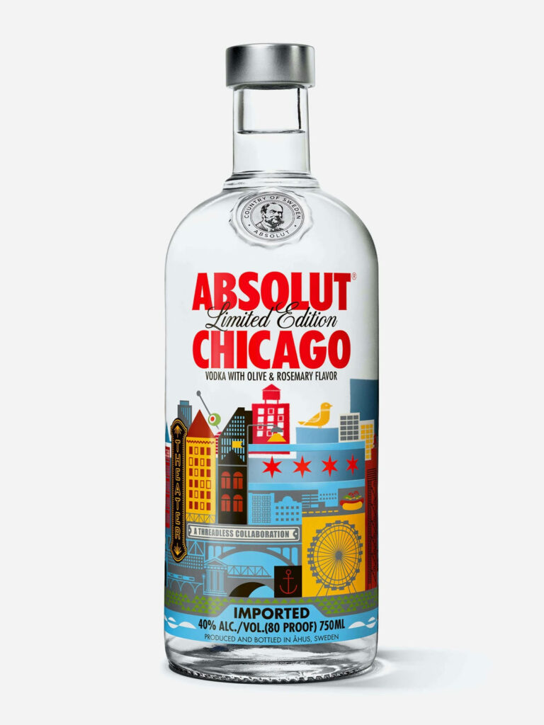 Absolut Chicago Limited Edition Vodka bottle with vibrant city-themed label on white background Wallpaper