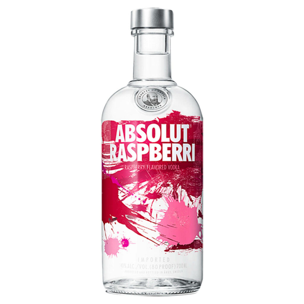 Absolut Raspberri Vodka bottle with vibrant pink red label on clean white wallpaper background