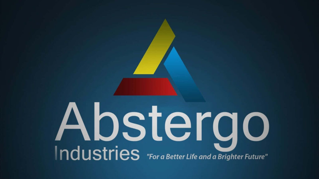 Abstract Abstergo Industries logo wallpaper with yellow red blue geometric shapes on dark background