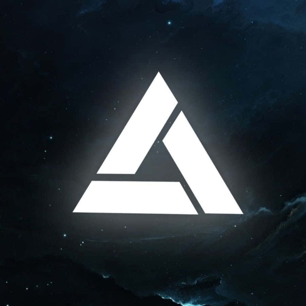 Abstergo Industries logo in white on dark cosmic background futuristic sleek wallpaper design