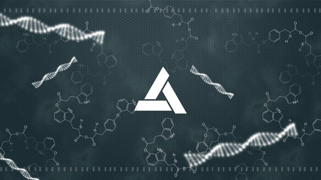 Abstergo Industries logo on dark hex grid with glowing DNA helices and molecular structures wallpaper