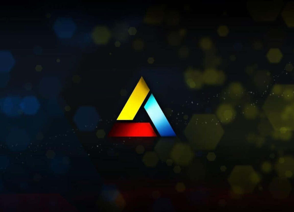 Abstergo Industries logo with sharp colorful triangular design and glowing light effects on dark background Wallpaper