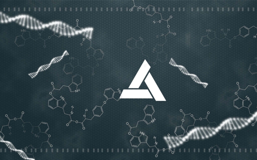 Abstergo Industries logo on dark textured background with DNA strands and molecular structures Wallpaper
