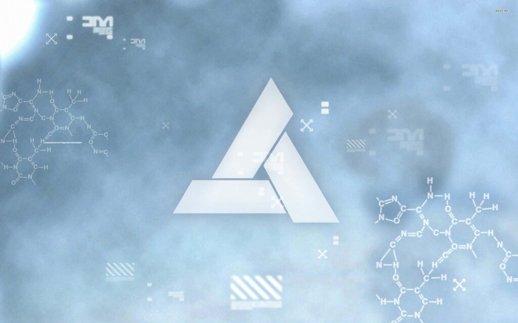 Abstergo Industries logo on misty high-tech background with futuristic digital patterns and molecular diagrams Wallpaper